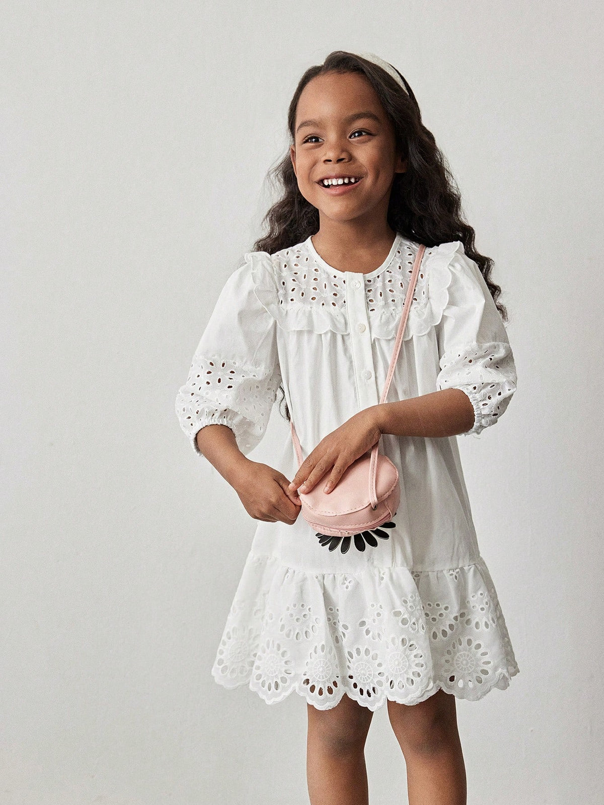 Young Girl Hollow Embroidery Texture Retro Pastoral Round Neck Loose A-Line Ruffle Hem Puff Sleeve Casual Dress