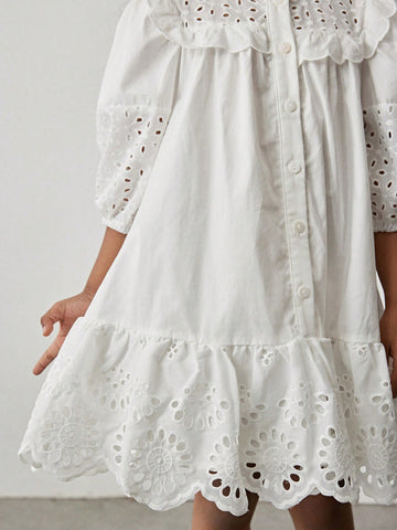 Young Girl Hollow Embroidery Texture Retro Pastoral Round Neck Loose A-Line Ruffle Hem Puff Sleeve Casual Dress