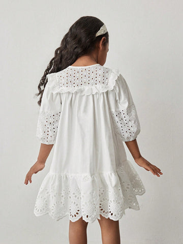 Young Girl Hollow Embroidery Texture Retro Pastoral Round Neck Loose A-Line Ruffle Hem Puff Sleeve Casual Dress