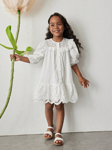Young Girl Hollow Embroidery Texture Retro Pastoral Round Neck Loose A-Line Ruffle Hem Puff Sleeve Casual Dress