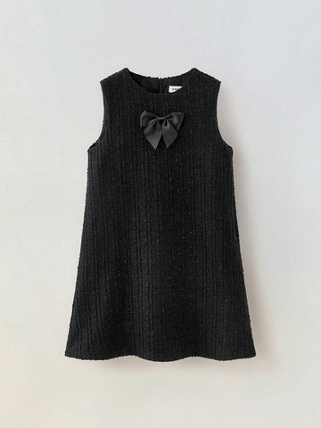 Maija Young Girl Loose Casual Bowknot Decor Jacquard Fabric Dress