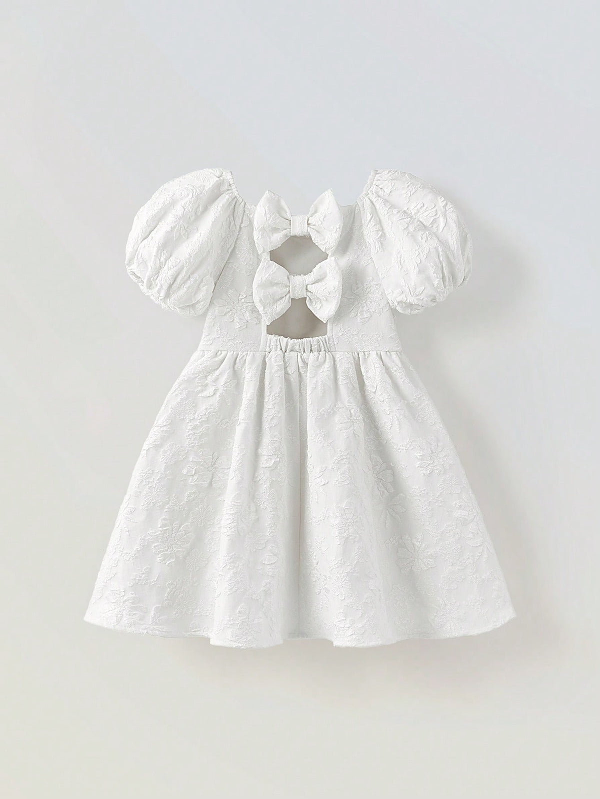 Young Girl Loose Casual Bowknot Decor Puff Sleeve Dress