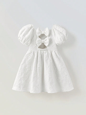 Young Girl Loose Casual Bowknot Decor Puff Sleeve Dress