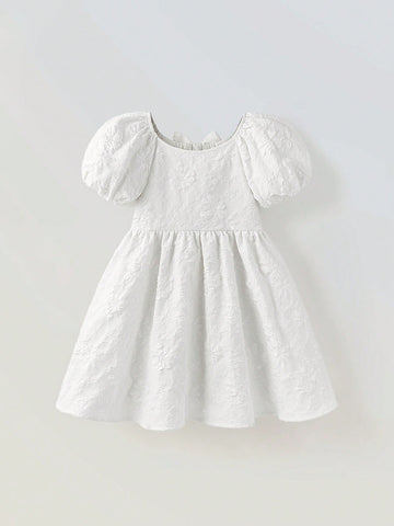 Young Girl Loose Casual Bowknot Decor Puff Sleeve Dress