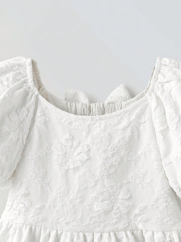 Young Girl Loose Casual Bowknot Decor Puff Sleeve Dress