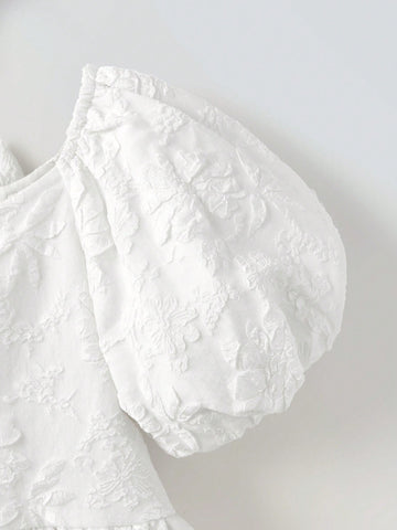 Young Girl Loose Casual Bowknot Decor Puff Sleeve Dress