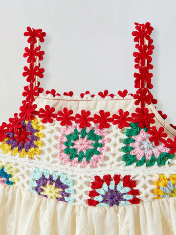 Young Girl Loose Casual Contrast Color Floral Pattern Camisole Dress