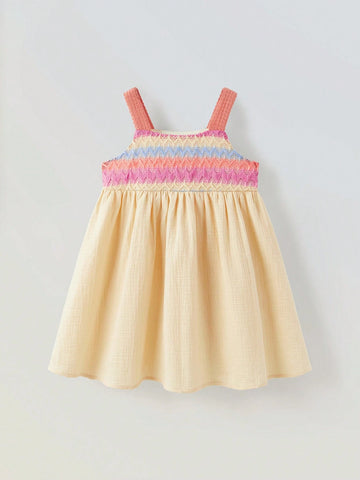 Young Girl Loose Casual Contrast Color Stripe Strap Patchwork Dress