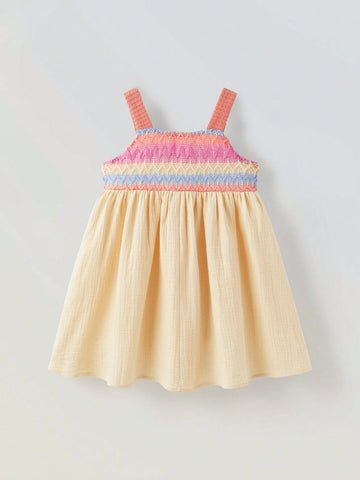 Young Girl Loose Casual Contrast Color Stripe Strap Patchwork Dress