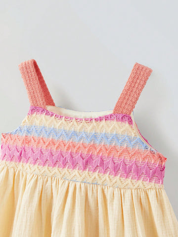 Young Girl Loose Casual Contrast Color Stripe Strap Patchwork Dress