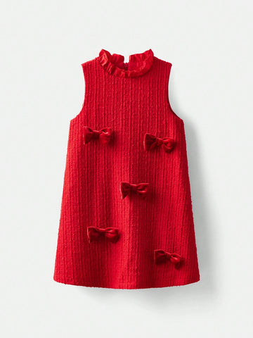 Young Girl Loose Casual Dress With Bow Decor And Ruffle Collar