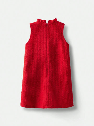 Young Girl Loose Casual Dress With Bow Decor And Ruffle Collar