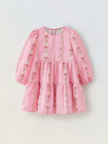 Maija Young Girl Loose Casual Floral Pattern Puff Sleeve Dress