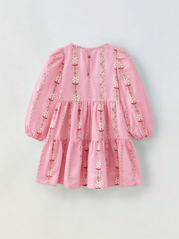 Maija Young Girl Loose Casual Floral Pattern Puff Sleeve Dress