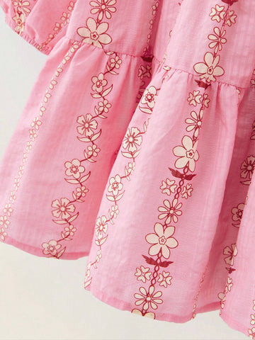 Maija Young Girl Loose Casual Floral Pattern Puff Sleeve Dress