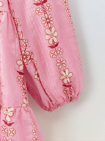 Maija Young Girl Loose Casual Floral Pattern Puff Sleeve Dress