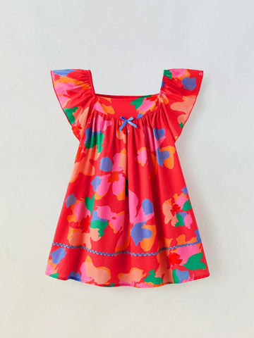 Young Girl Loose Casual Floral Pattern Ruffle Square Neck Dress