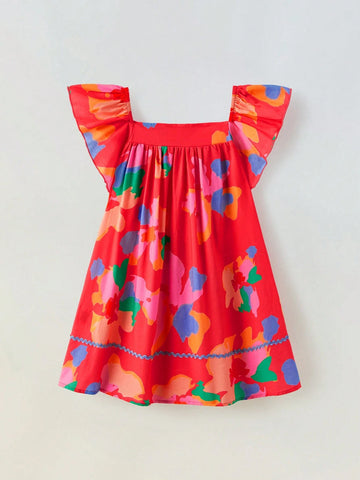 Young Girl Loose Casual Floral Pattern Ruffle Square Neck Dress