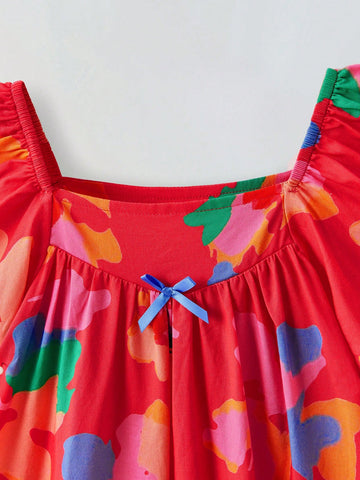 Young Girl Loose Casual Floral Pattern Ruffle Square Neck Dress
