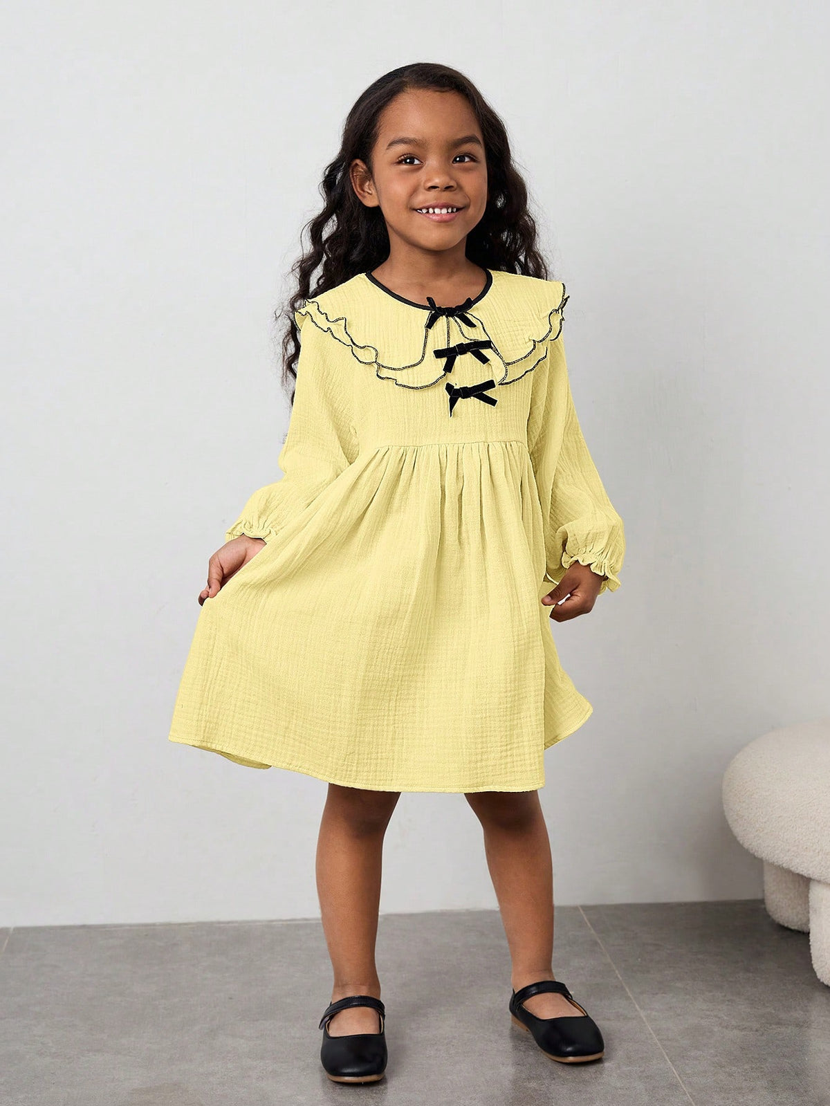 Young Girl Loose Casual Layered Peter Pan Collar Bow Decor Long Sleeve Dress