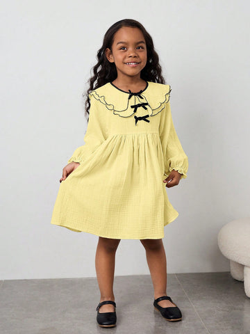 Young Girl Loose Casual Layered Peter Pan Collar Bow Decor Long Sleeve Dress