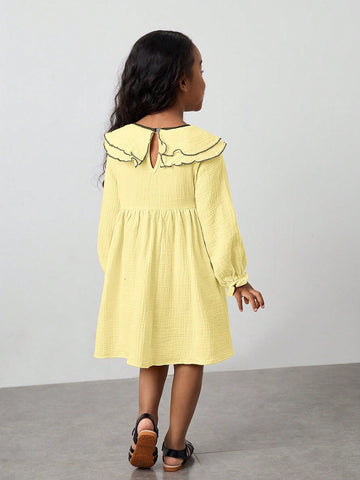 Young Girl Loose Casual Layered Peter Pan Collar Bow Decor Long Sleeve Dress