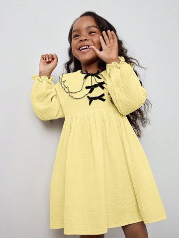 Young Girl Loose Casual Layered Peter Pan Collar Bow Decor Long Sleeve Dress