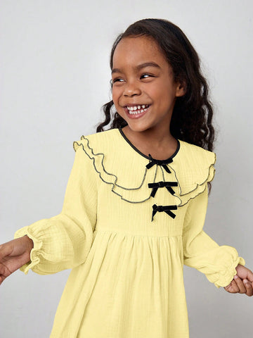 Young Girl Loose Casual Layered Peter Pan Collar Bow Decor Long Sleeve Dress
