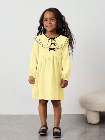 Young Girl Loose Casual Layered Peter Pan Collar Bow Decor Long Sleeve Dress