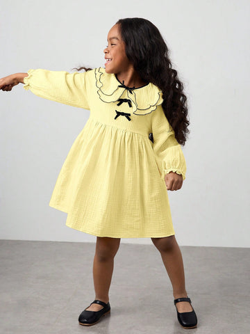 Young Girl Loose Casual Layered Peter Pan Collar Bow Decor Long Sleeve Dress
