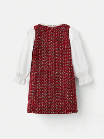 Young Girl Loose Casual Patchwork Tweed Dress