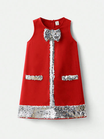 Maija Young Girl Loose Casual Round Neck Patchwork Pearl & Bow Decor Dress