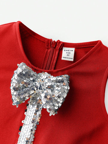 Maija Young Girl Loose Casual Round Neck Patchwork Pearl & Bow Decor Dress
