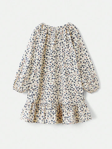 Maija Young Girl Loose Casual Round Neck Patterned Long Sleeve Dress