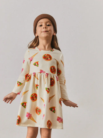 Young Girl Loose Casual Round Neck Patterned Long Sleeve Dress