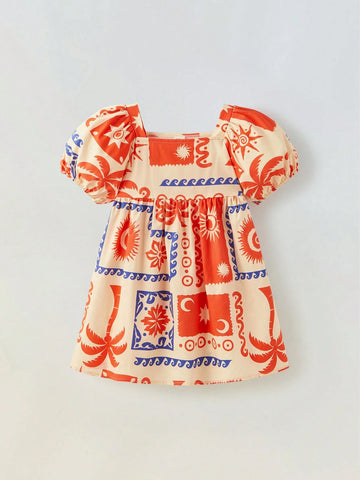 Young Girl Loose Casual Square Neck Graphic Puff Sleeve Dress