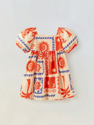 Young Girl Loose Casual Square Neck Graphic Puff Sleeve Dress