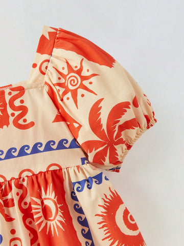 Young Girl Loose Casual Square Neck Graphic Puff Sleeve Dress