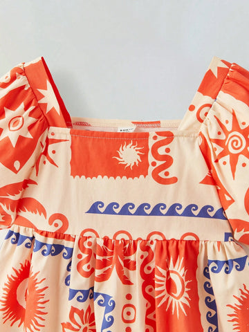 Young Girl Loose Casual Square Neck Graphic Puff Sleeve Dress