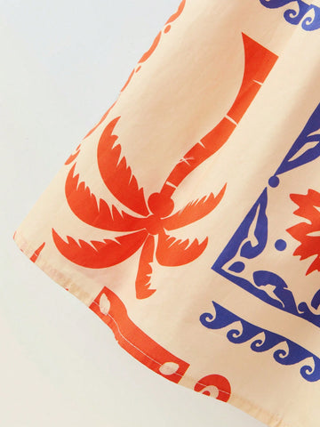 Young Girl Loose Casual Square Neck Graphic Puff Sleeve Dress