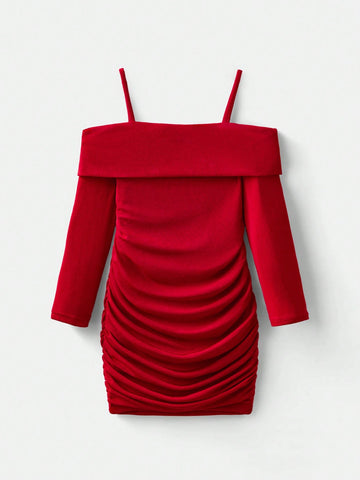 Young Girl Off Shoulder Long Sleeve Ruched Mini Dress
