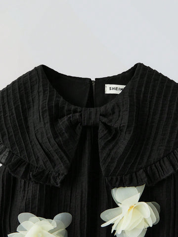 Young Girl Oversized Casual Peter Pan Collar 3D Floral Decor Babydoll Dress