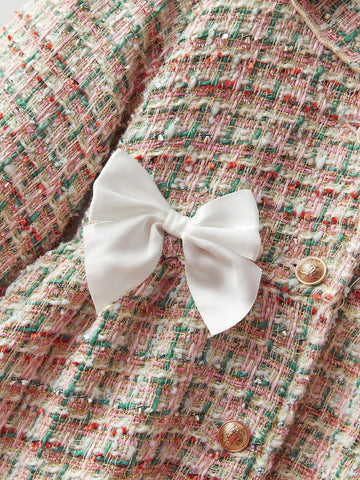 Young Girl Oversized Casual Ruffled Collar Puff Sleeve Tweed Dress