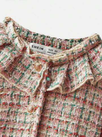 Young Girl Oversized Casual Ruffled Collar Puff Sleeve Tweed Dress