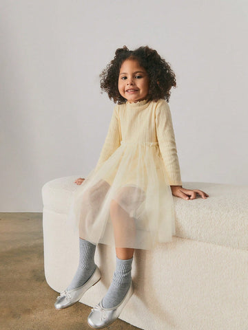 Maija Young Girl Patchwork Round Neck Mesh Splicing Long Sleeve Casual Dress