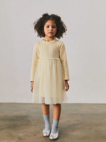 Maija Young Girl Patchwork Round Neck Mesh Splicing Long Sleeve Casual Dress