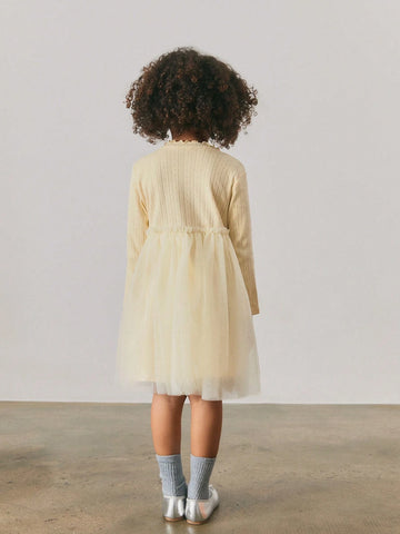 Maija Young Girl Patchwork Round Neck Mesh Splicing Long Sleeve Casual Dress