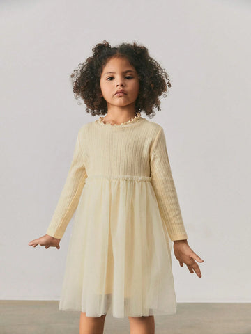 Maija Young Girl Patchwork Round Neck Mesh Splicing Long Sleeve Casual Dress