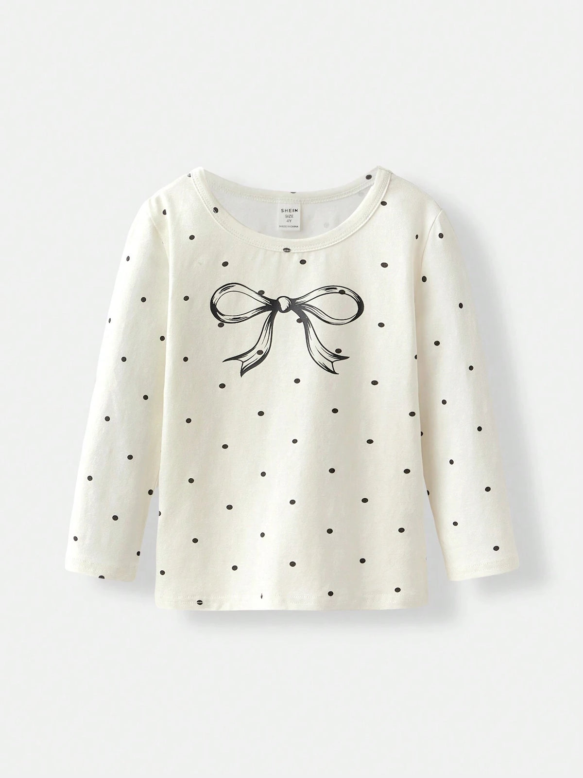 Young Girl Round Neck T-Shirt With Polka Dot & Bow Design, Casual