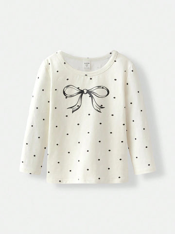 Young Girl Round Neck T-Shirt With Polka Dot & Bow Design, Casual